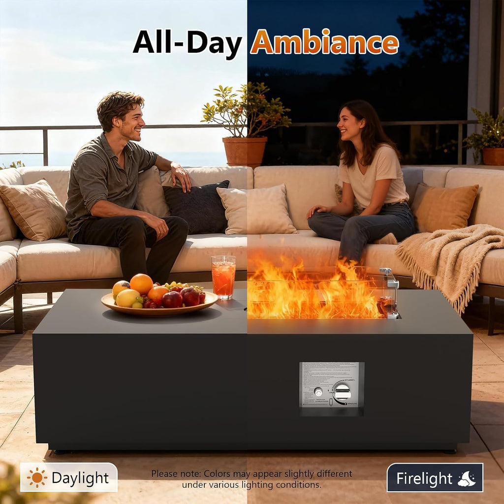 2-Piece 42' Rectangular Propane Fire Pit for Outside Patio with Hidden Tank Table, 50,000 BTU Fireplaces with Glass Wind Guard, Lid, Glass Rocks, Cover(Black)