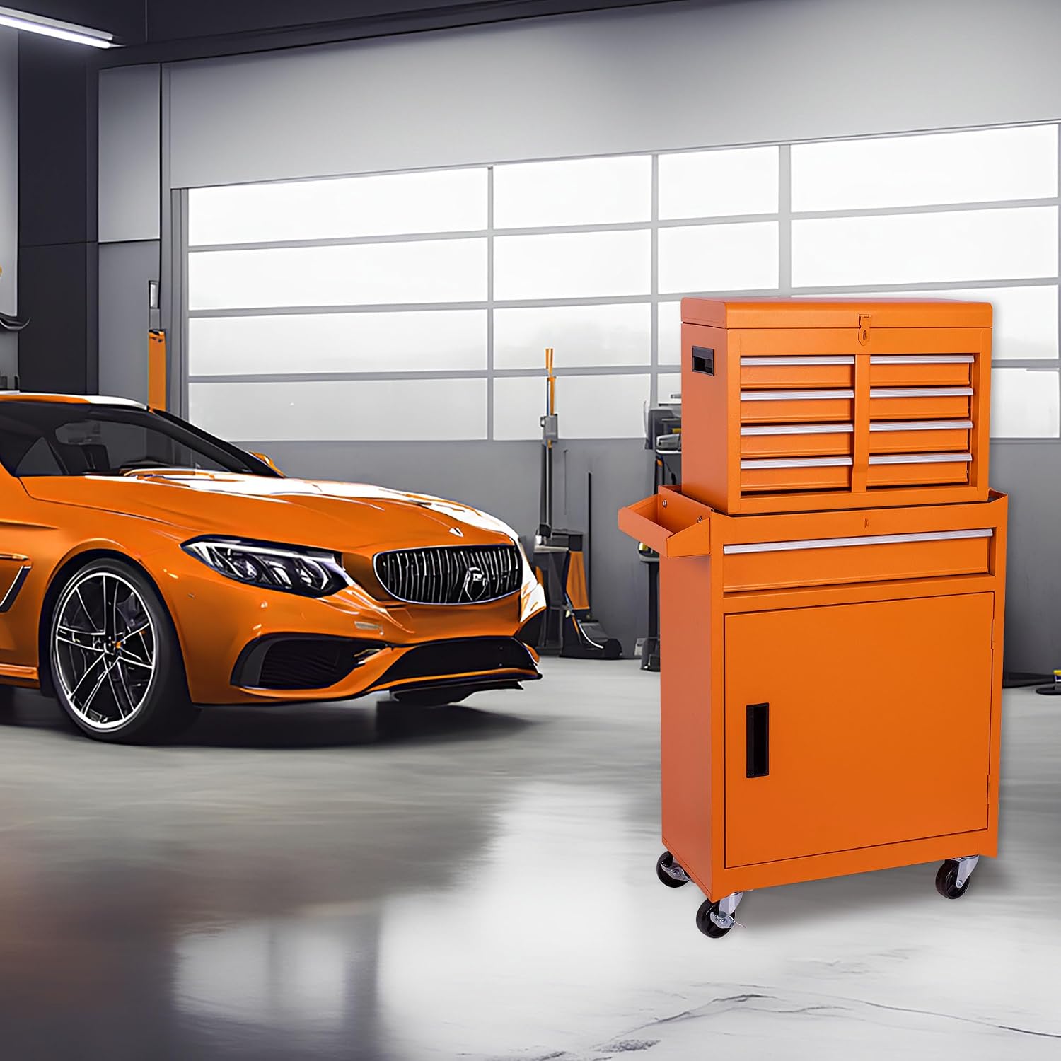 5 Drawers Metal Tool Cart on Wheels with 1 Cabinet, Multifunctional Rolling Tool Storage Cabinet Organizer Set w/Removable Top Tool Box for Garage,Warehouse,Workshop,Repair Shop (Orange)