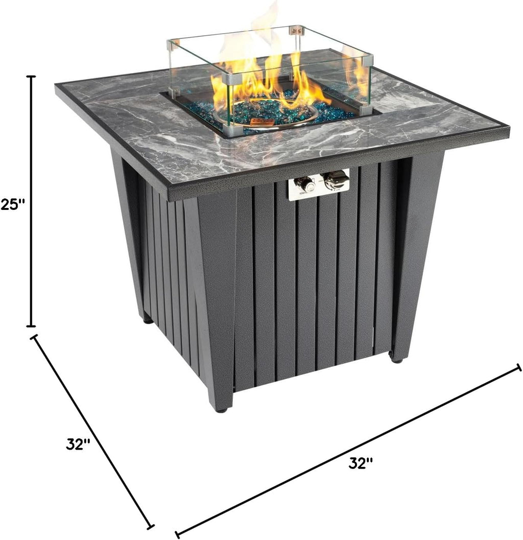 32'' Propane Fire Pit Table, Marble Tile Ceramic Tabletop with Glass Wind Guard, 50,000 BTU Fire Table with Inclined Leg and Art Powder Design, Blue Glass Rocks, Including Lid&Cover, Grey