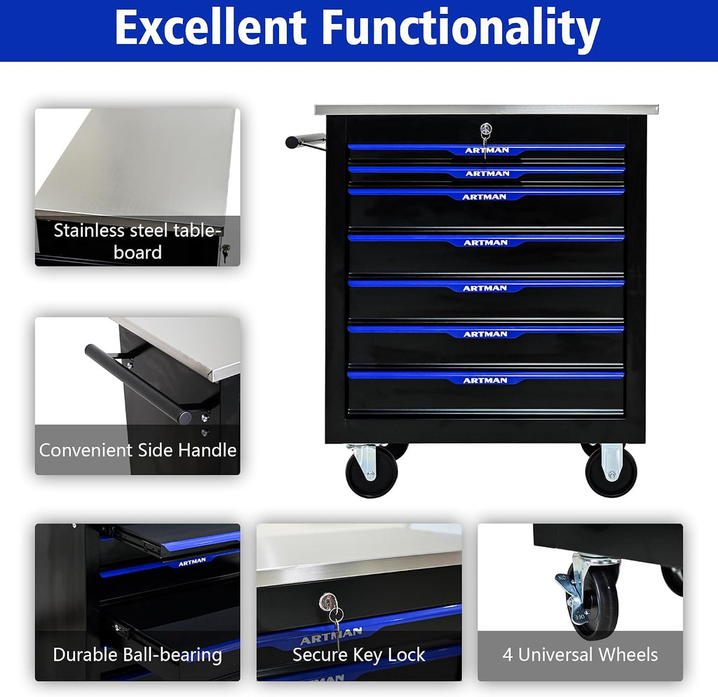 RYH 4/5/6/7 Drawers Rolling Tool Chest & Tool Box on Wheels | Heavy Duty Metal Cart with Ball Bearing Drawers | Fits US General Tool Box for Garage Storage (Black-4) (7-Drawer)