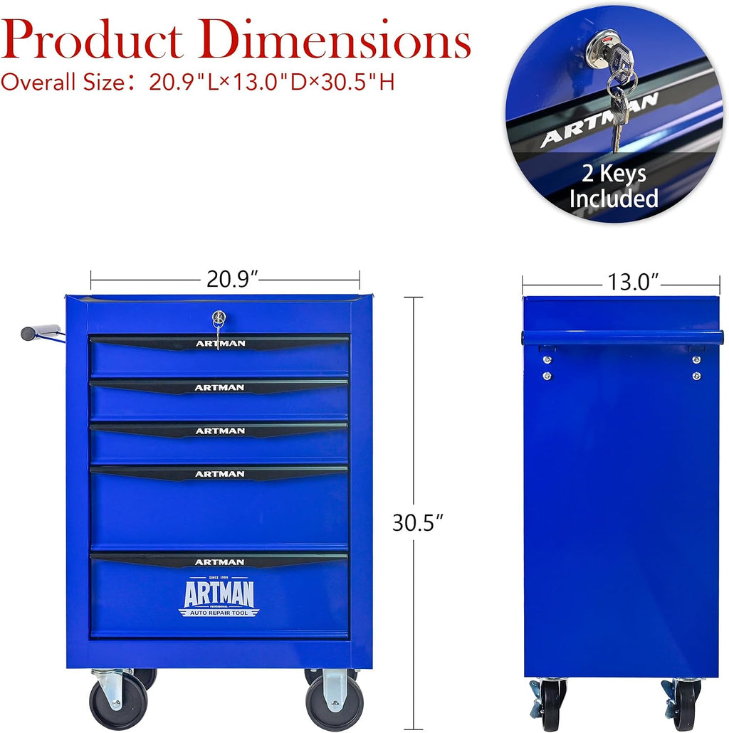 Rolling Tool Box with Wheels, Mechanics Tool Chest with 5 Drawers, Tool Box Organizer with 7 Tool Storage Boxes, Lockable Tool Storage Cabinet for Home Garage Workshop Warehouse Repair Shop, Blue