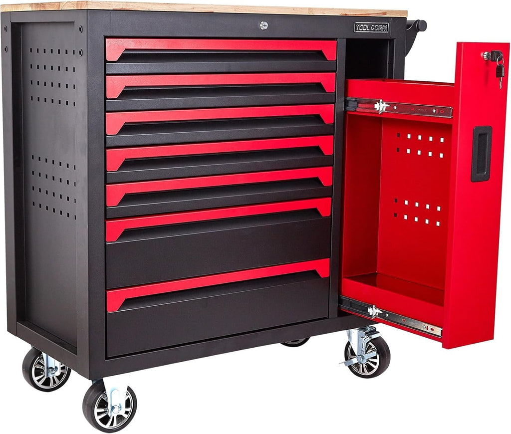Rolling Large Tool Chest Cabinets 36.2-Inch 7 Horizontal Drawers and 1 Vertical Side Drawer 4 Wheels Workbench with Rubber Wooden Table Rolling Tool Box with Drawers and Locking System