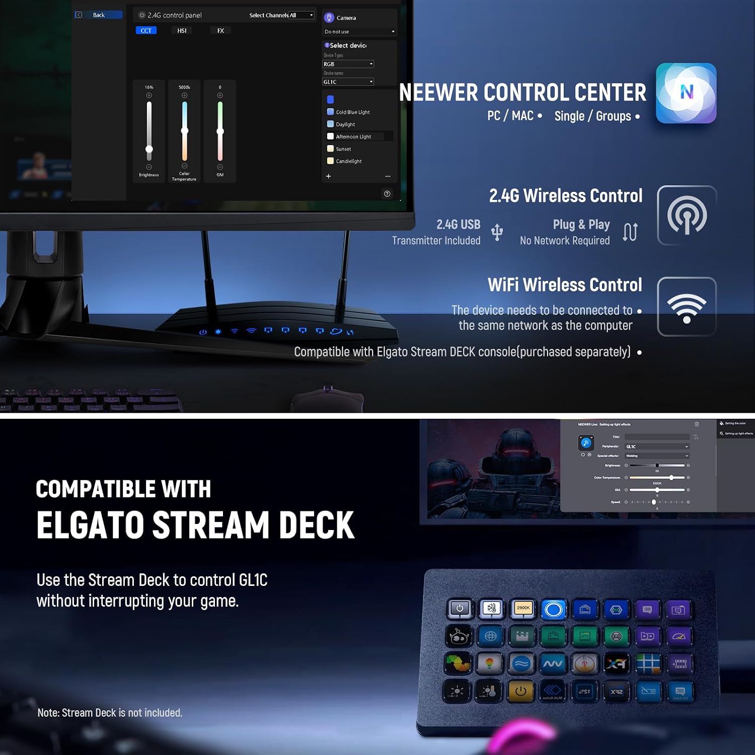 NEEWER GL1C RGB 15.5' Key Light, 48W Edge Lit Soft LED Video Panel Streaming Gaming Lighting with 2.4G PC/Mac iOS/Android APP/WiFi/Stream Deck Control, Touch Bar, 2900K-7000K, Music Sync, 18 Scenes