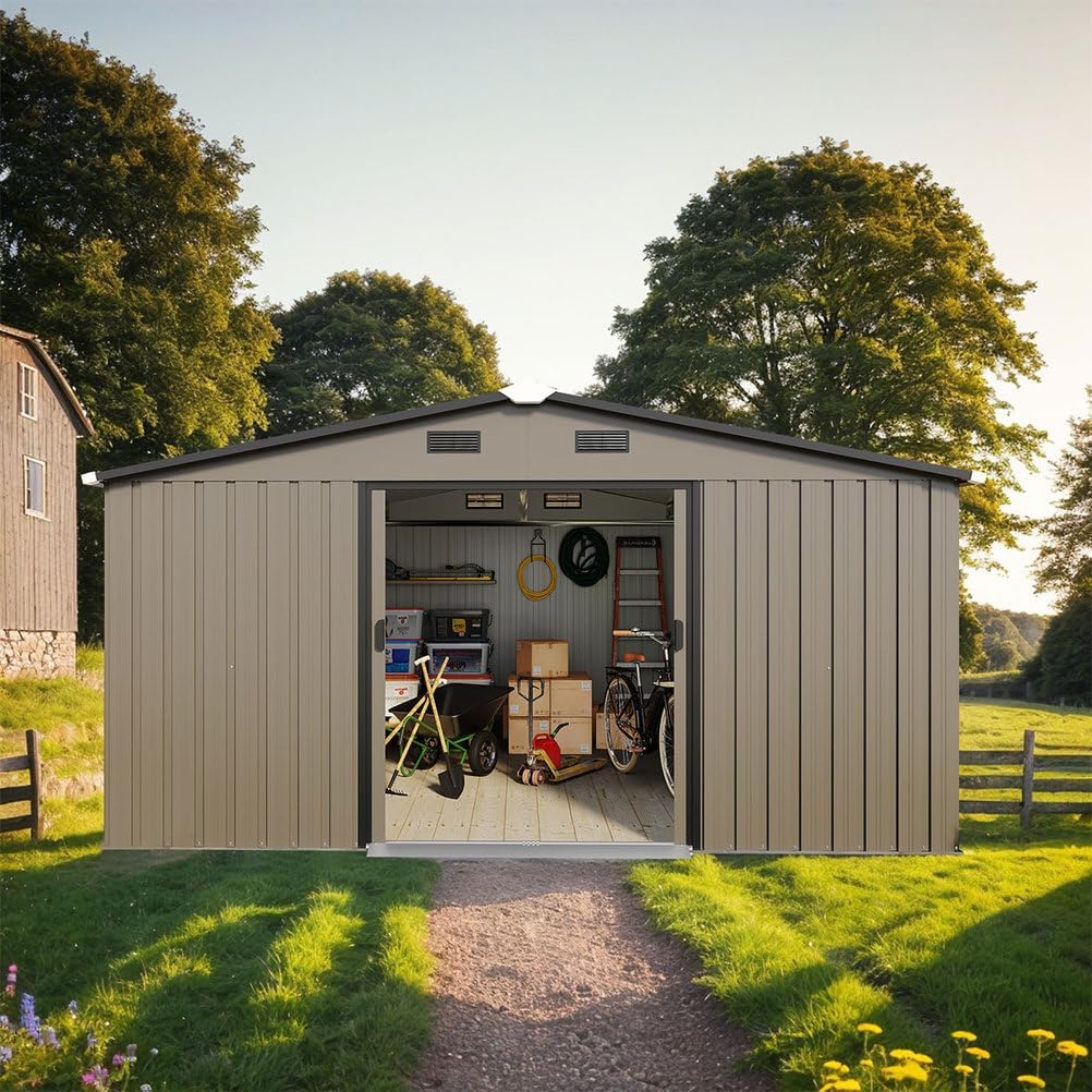 10x12 FT Outdoor Storage Shed, Extra Large Metal Garden Shed with Lockable Doors, Windows & Air Vents, Heavy-Duty Steel Backyard Utility Shed for Tools, Lawn Equipment, Motorcycles, Bikes, Patio,Brown