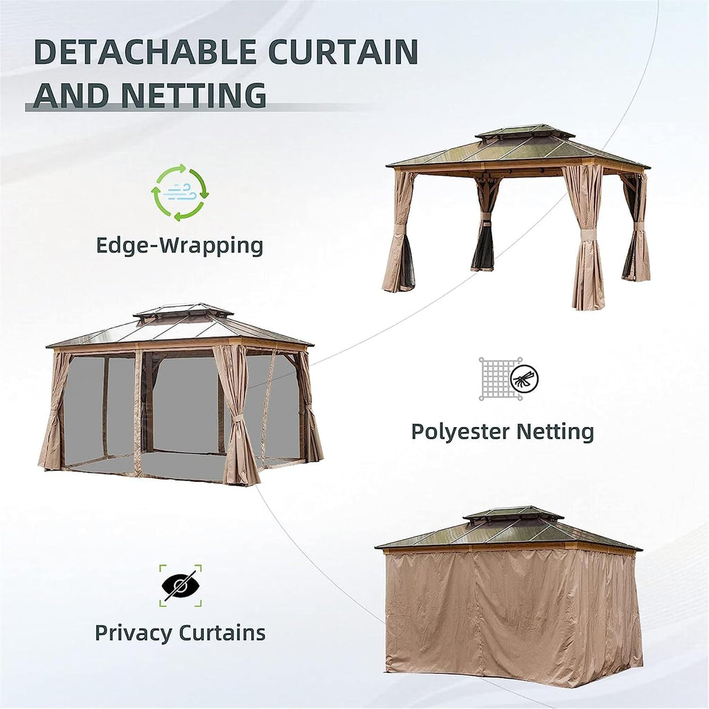 10x12Ft Hardtop Gazebo Wood-Looking Aluminum Frame Patio Gazebos with Polycarbonate Double Roof Permanent Gazebo Pavilion with Curtain and Netting for Garden Patio Lawns Deck Backyard