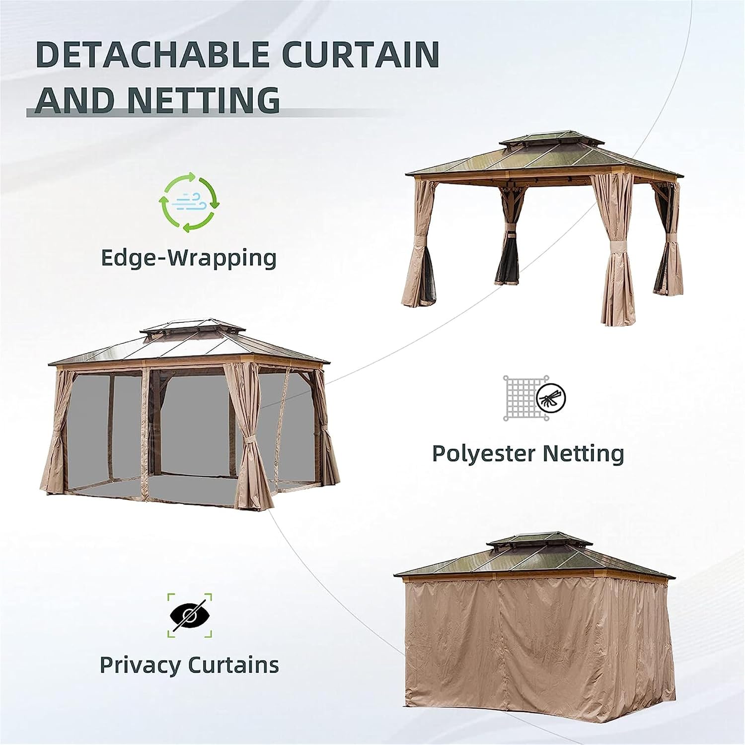 10x12Ft Hardtop Gazebo Wood-Looking Aluminum Frame Patio Gazebos with Polycarbonate Double Roof Permanent Gazebo Pavilion with Curtain and Netting for Garden Patio Lawns Deck Backyard