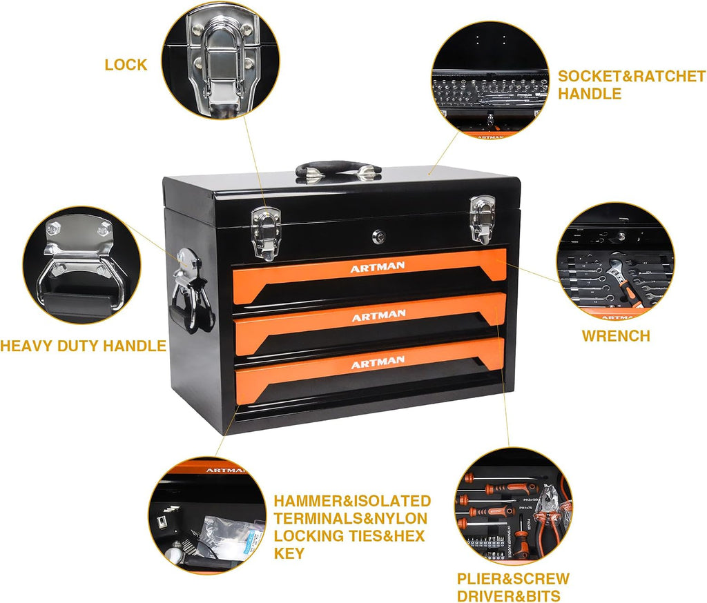 Campfun 439PCS Tool Set, Mechanic Tool Set for Home, Tool Box Set 4-Tier Socket Wrench Ratchet Plier Nails, Home Tool Set Mechanics Kit with 3 Drawers Organizer for Adults Man Handyman, Orange