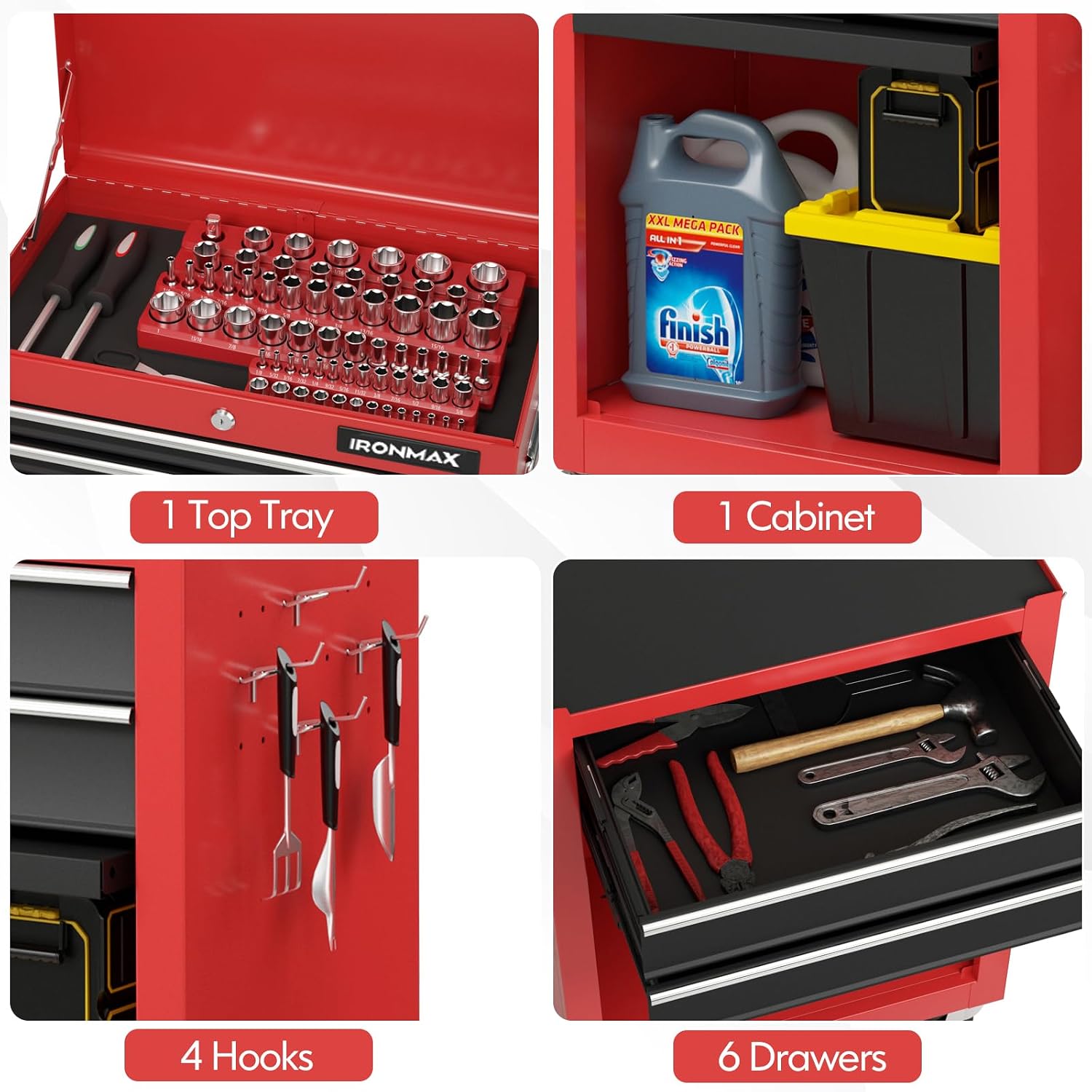 IRONMAX Tool Cabinet on Wheels, 6-Drawer Lockable Rolling Tool Chest w/ 4 Universal Wheels, 2 in 1 Detachable Tool Box Storage Organizer for Garage Workshop Repair Shop, Black & Red