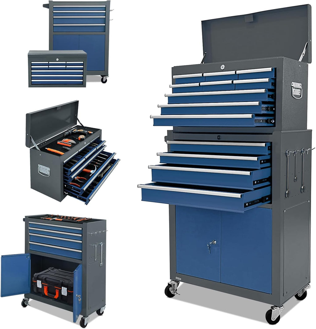 13-Drawer Tool Chest with Double Door Handle,2 in 1 Detachable Rolling Tool Chests with Wheels and Drawers,Large Tool Box with Lock,Mobile Steel Tool Cabinet Storage (Gray&Blue)