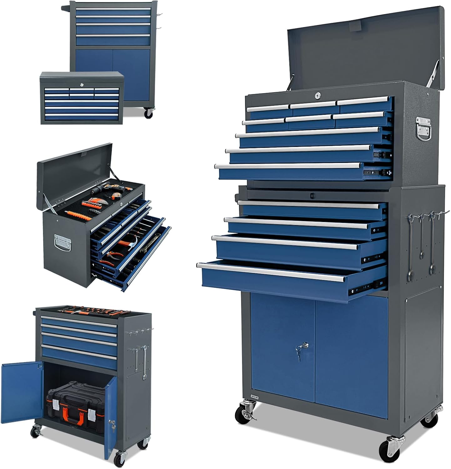13-Drawer Tool Chest with Double Door Handle,2 in 1 Detachable Rolling Tool Chests with Wheels and Drawers,Large Tool Box with Lock,Mobile Steel Tool Cabinet Storage (Gray&Blue)