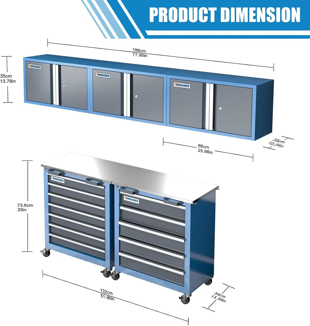 LARBANKE Metal Storage Cabinet System with Lock and Keys,Storage Cabinet System with 3 Wall Cabinet,One 5-Drawer Tool Chest and One 7-Drawer Tool Chest,Universal Brake Wheel &Padded Feet Attached