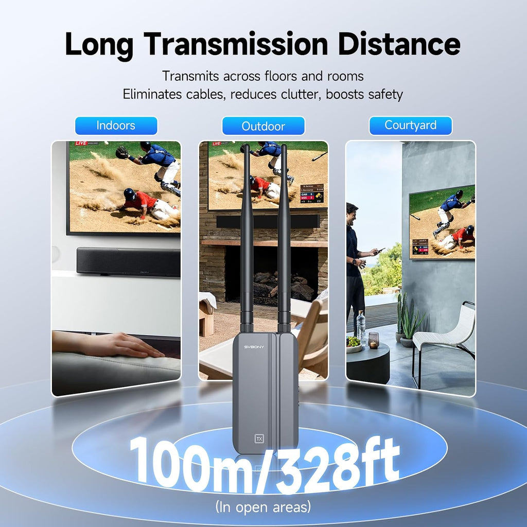 Wireless HDMI Transmitter and 2 Receiver,1080P60fps Wireless Hdmi Extender 328FT with IR, 9 Channels Auto-Tuning, Plug & Play for Gaming/Streaming from STB, PC, DVD to TV, Monitor