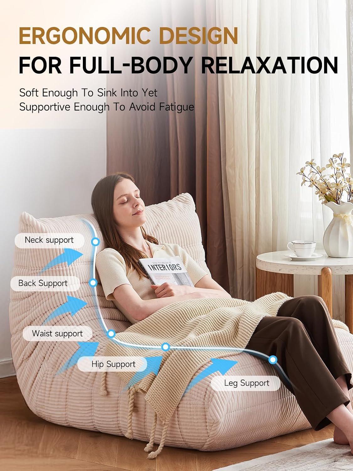 ZCUBED Large Bean Bag Chairs for Adults, Memory Foam Lounge Chair, Soft Corduroy Big Bean Bag Chair Lazy Sofa, Comfy Floor Beanbag Chair Single Sofa for Bedroom Living Room Fireside Book Nook, Beige