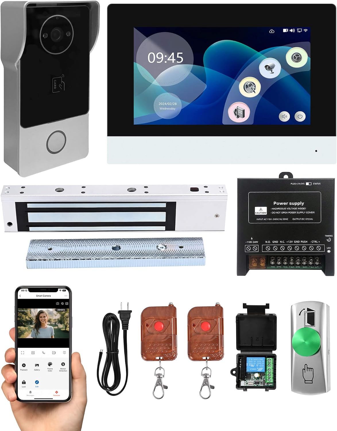 Smart Video Doorbell Intercom System with 600lb Magnetic Lock, 7' Touch Screen Wi-Fi Monitor, 1080P 2.0MP HD Camera, RFID IC Card Access, Tuya App Remote Unlock, Exit Button & Remote Control Kit