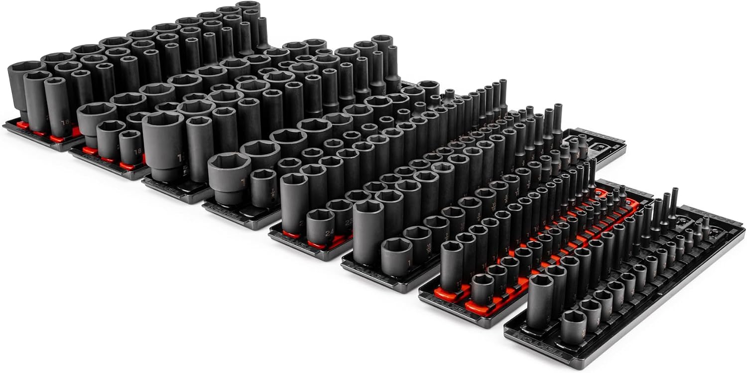 TEKTON 1/4, 3/8, 1/2 Inch Drive 6-Point Impact Socket Set with Rails and Trays, 230-Piece (5/32-1-1/2 in., 4-38 mm) | SID99200