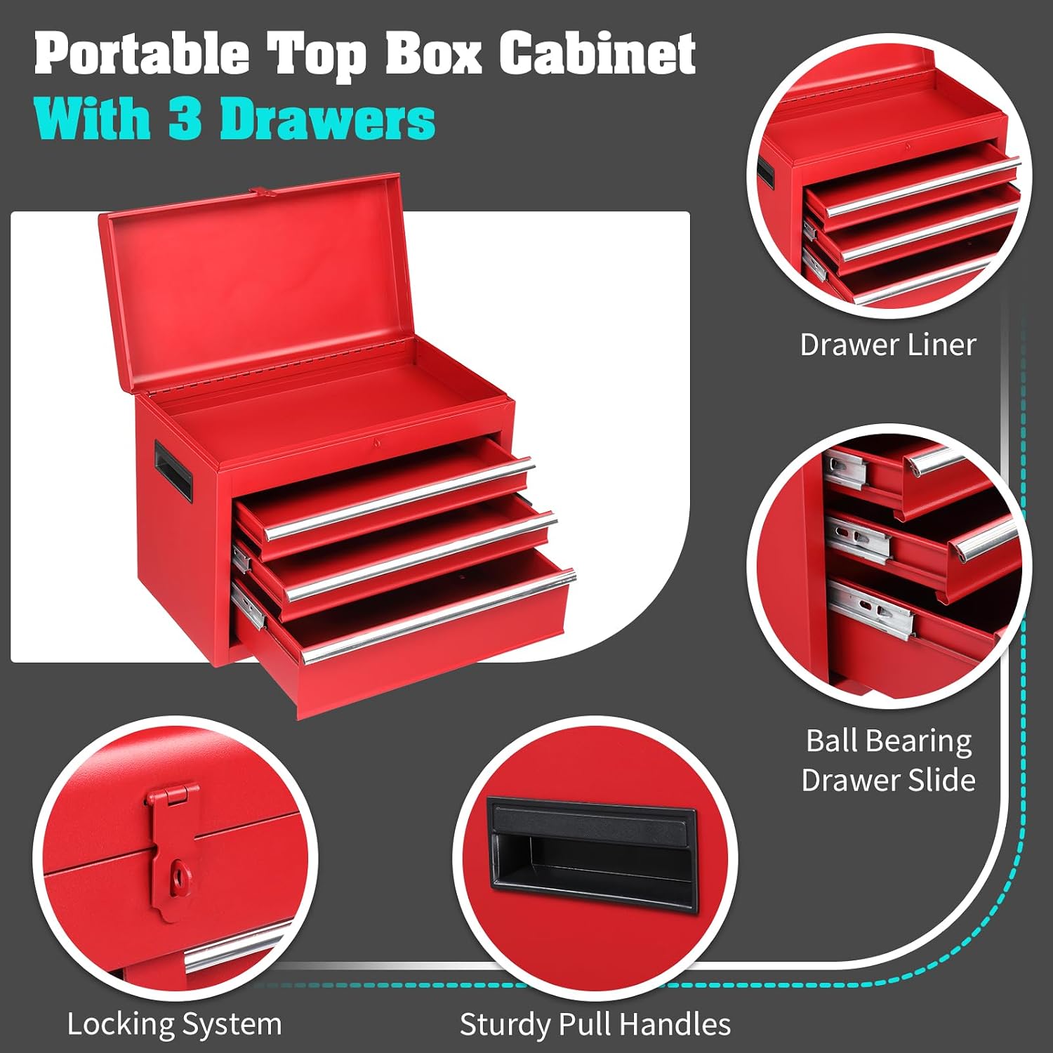Winado 4-Drawer Rolling Tool Chest with Wheels & Lock, Tool Box with Large Storage Cabinet and Adjustable Shelf, Removable Portable Top Box for Garage, Warehouse, Factory (Red)