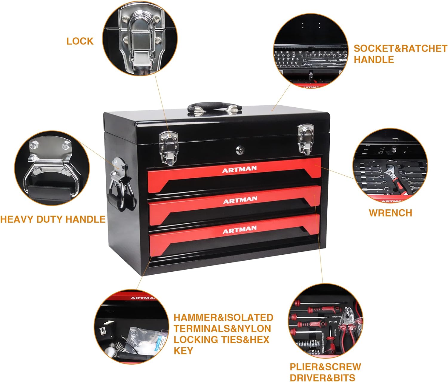 439-Piece Mechanic Tool Set in Heavy-Duty 3-Drawer Steel Box with 4-Tier Socket, Wrenches & Pliers. Portable Household Tool Kit Organizer Case for Auto Repair, Garage, Workshop. Red