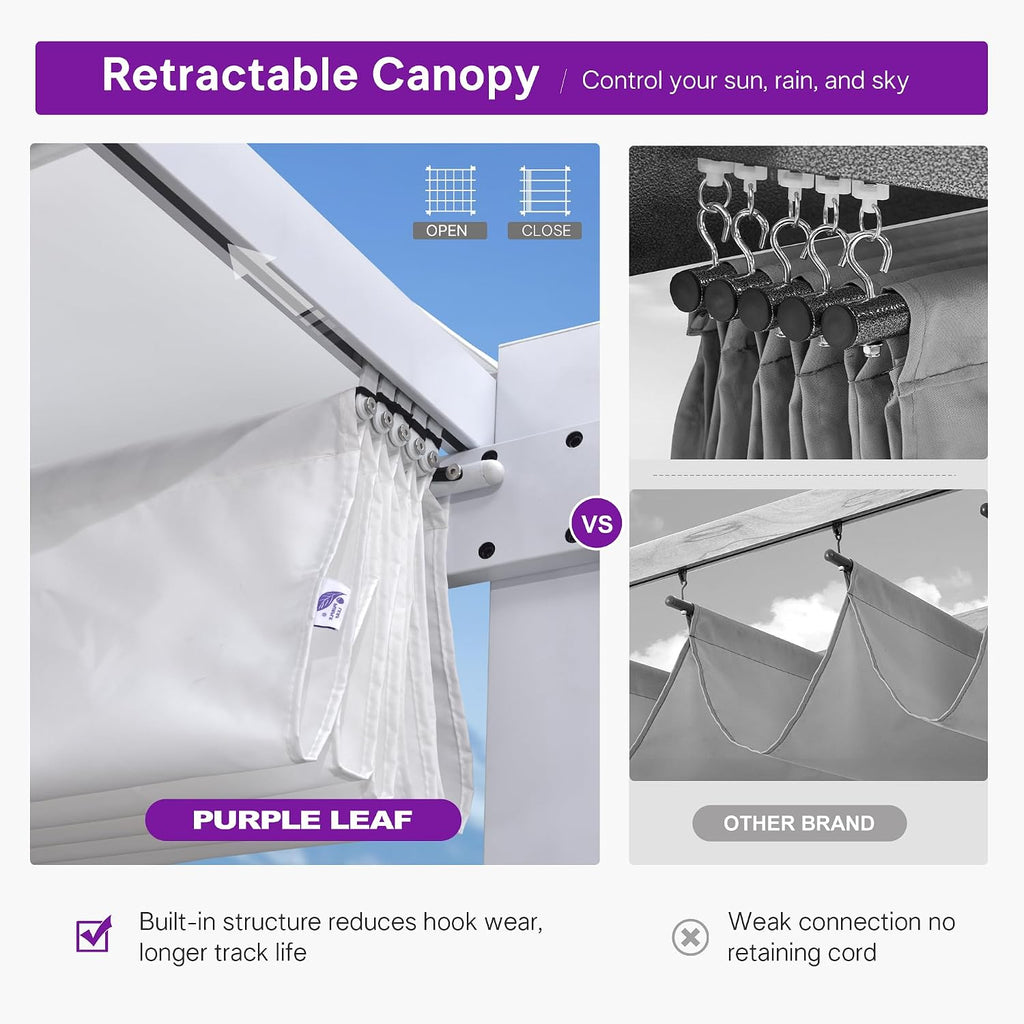 PURPLE LEAF 10' x 10' Aluminum Outdoor Pergola White Wind-Resistant Retractable Pergola with Double Sun Shade Canopy Heavy-Duty Metal Pergola for Patios Backyard Deck Garden, White