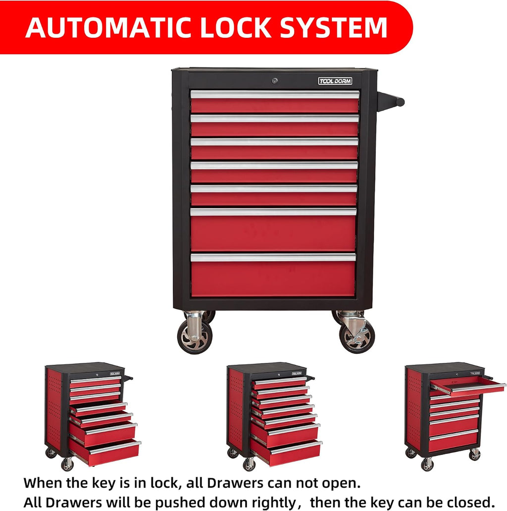 Tool Chest with Wheels - 28inch Tool Box with 7 Drawers, Metal Rolling Tool Cabinet with Locking System, for Garage, Warehouse, Workshop, Repair Shop