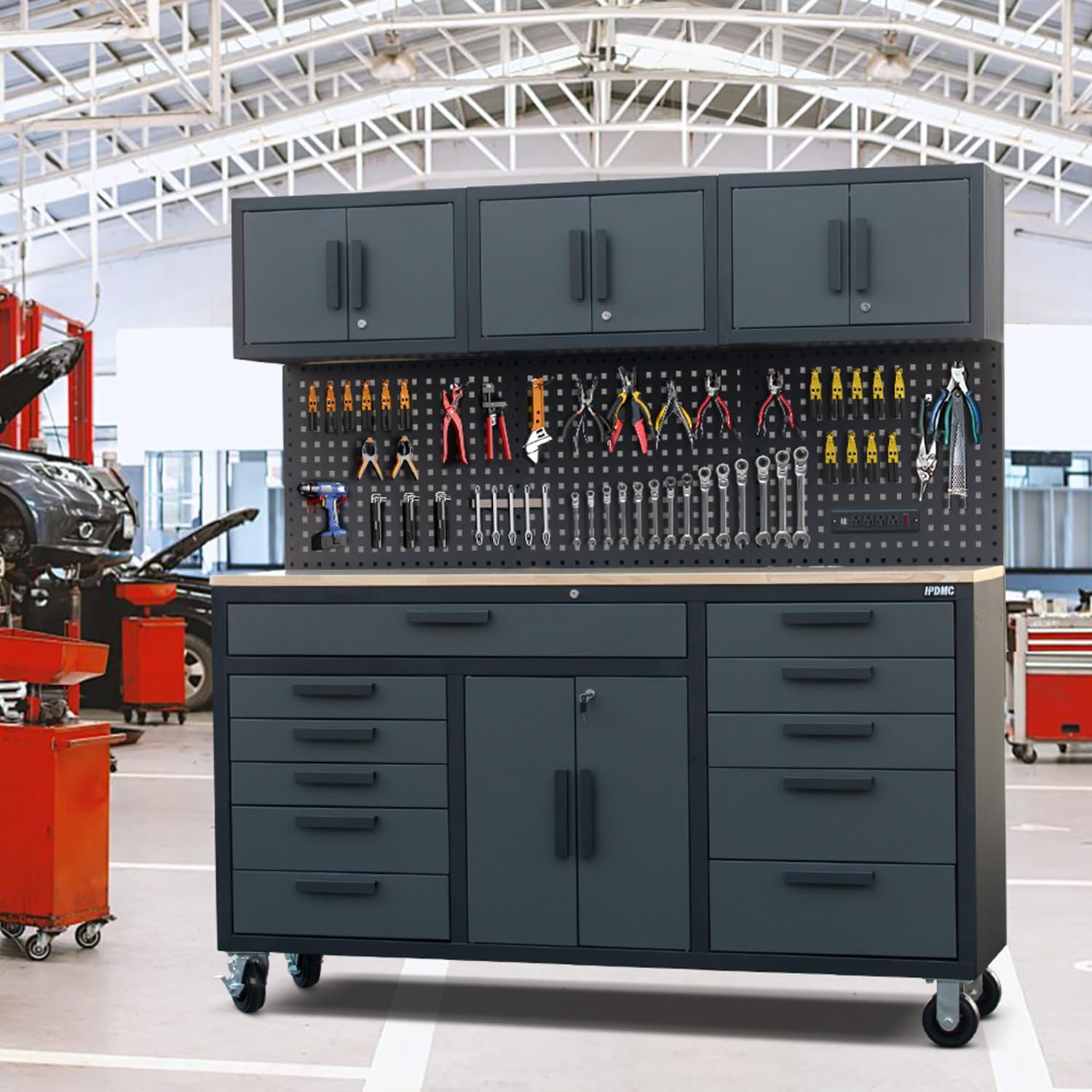 72in Rolling Tool Chest Cabinet, 2PCS Mobile Garage Workbench Heavy-Duty Tool Cabinet on Wheels with 11 Drawers, 2-Door Cabinet, 3 Top Cabinet, Pegboard & Power Strip for Tool Organization