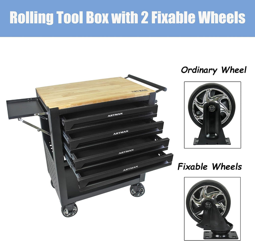 4 Drawers Tool Chest on Wheels,Tool Storage Cart with Wooden Top,Drawers Rolling Tool Box Organizer Tool Case with Lock for Garage,Warehouse,Workshop,Repair Shop (4 Drawers-35.4' H-Black)