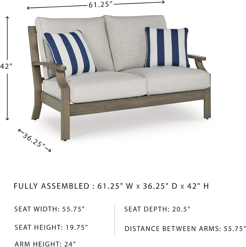 Signature Design by Ashley Rainier Ranch Casual Nuvella Weather Resistant Fabric Outdoor Loveseat with Cushion and 2 Accent Pillows, Light Brown & Light Gray