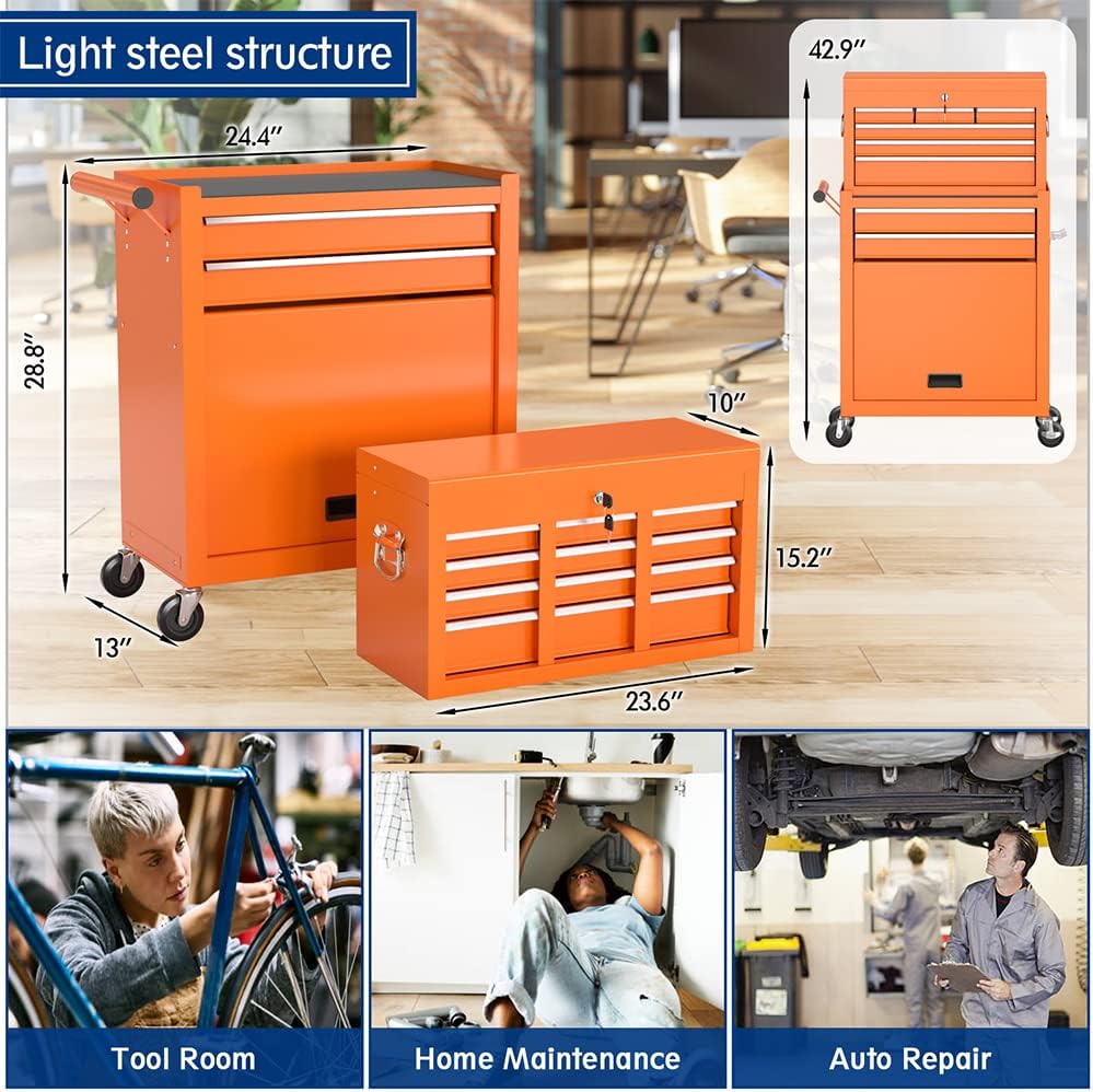 High Capacity Rolling Tool Boxes with Wheels and Drawers, 8-Drawer Storage Cabinet,Detachable Organizer Combo,Mobile Lockable Toolbox for Workshop Mechanics Garage (Orange)
