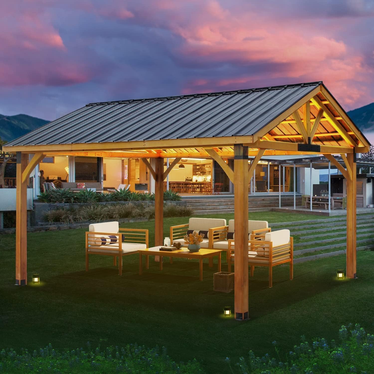 U-MAX 14' x 12' Wooden Gazebo on Clearance, BBQ Gazebo for Outdoor Grill with Thermal Insulated Polycarbonate Pyramid Hip Roof, Pergolas and Gazebos Clearance for Backyard Deck Garden Patio