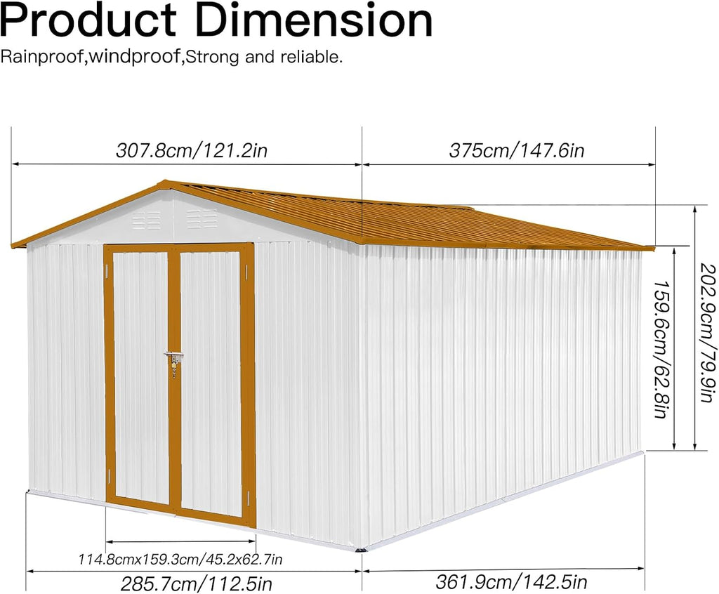 Outdoor Storage Shed, 12x10 FT All-Weather Metal Shed with Apex Roof, Hinged Door, Heavy-Duty Lock & Air Vents for Patio Garden Lawn Backyard, Tool Storage & Organization, White & Yellow