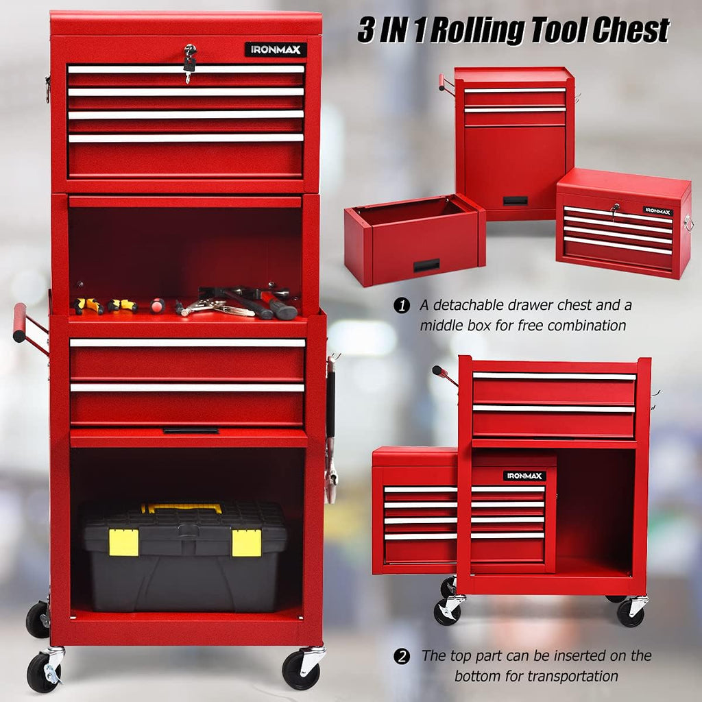IRONMAX 6-Drawer Tool Cabinet on Wheels, Lockable 3 in 1 Heavy Duty Toolbox Organizer w/ 4 Universal Wheels & Hooks, Detachable Metal Tool Chest for Garage, Warehouse, Repair Shop (Red)