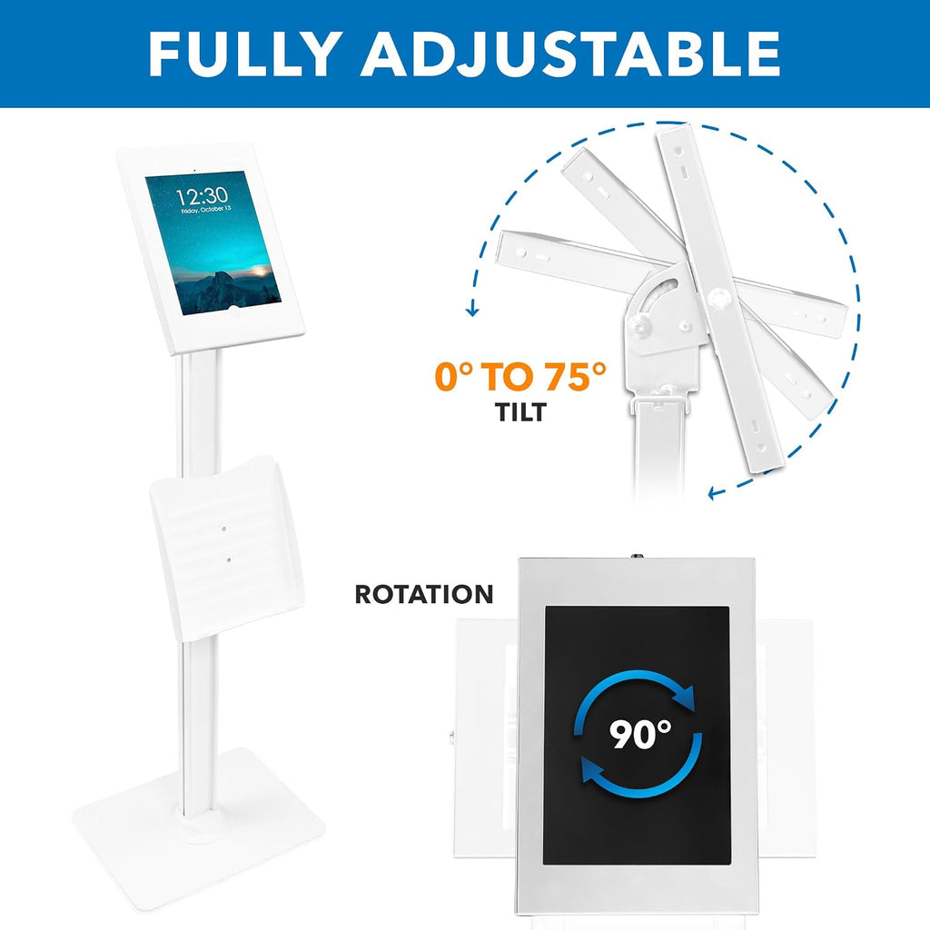 Mount-It! Anti-Theft iPad Tablet Floor Stand Kiosk with Literature Holder, Lockable Enclosure for iPad Gen 7–11, Pro & Air (A16), 90° Rotation & 75° Tilt, Commercial Kiosk Stand, Bolt Down Base, White
