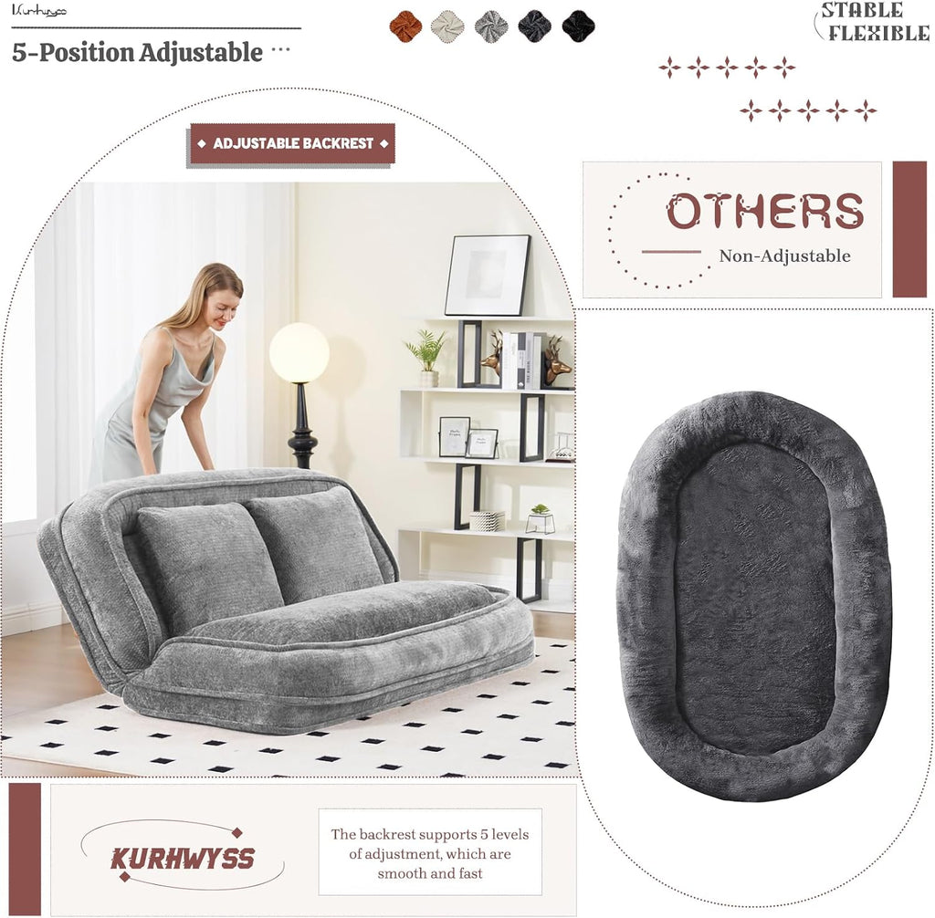 Extra Large Human Dog Bed for Adult & Pets, Convertible Floor Sofa Bed with 5 Adjustable Position, Lazy Couch Giant Bean Bag Lounge Chair Comfy Tatami with 3 Pillows for Bedroom Living Room (Grey)