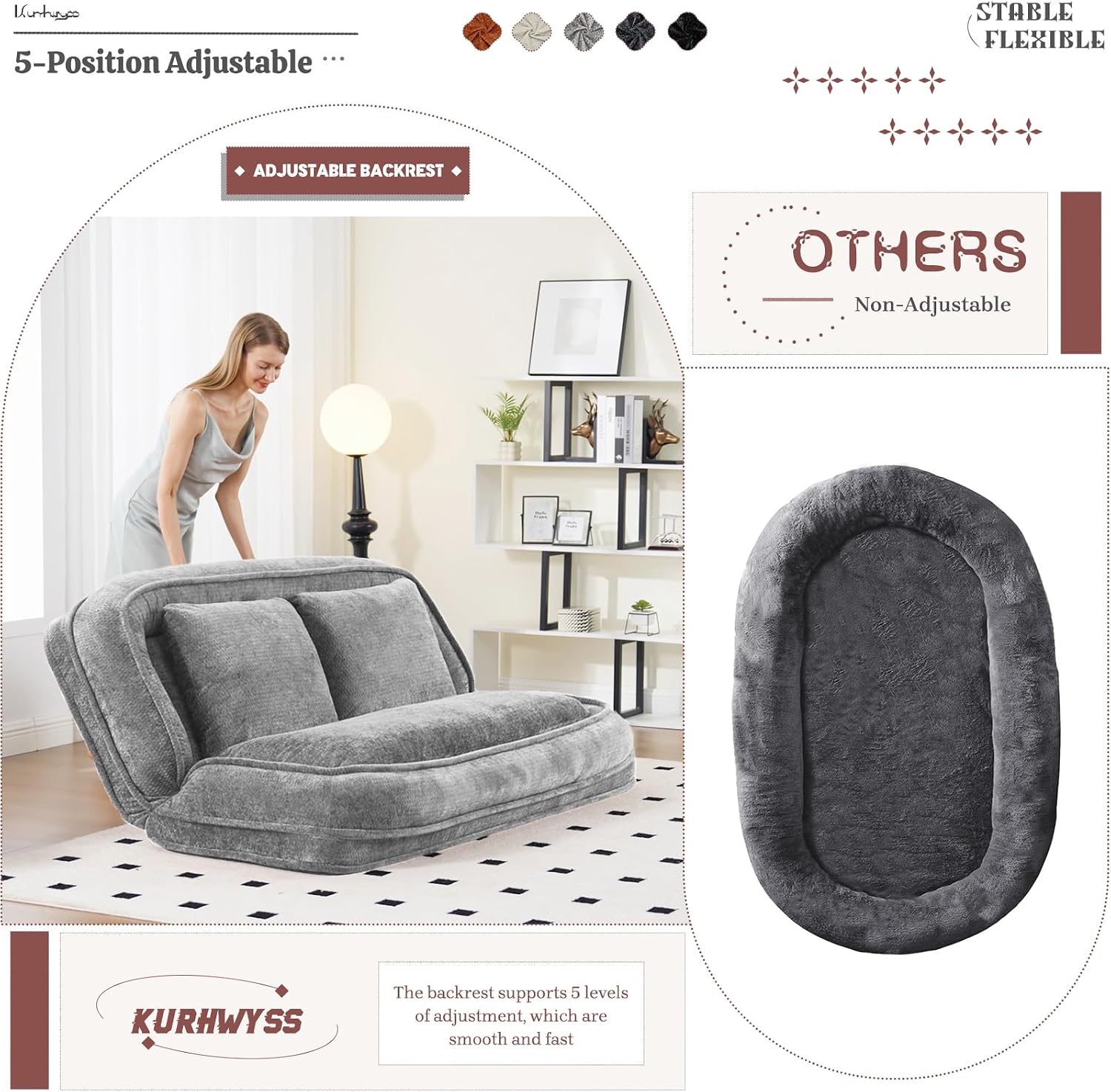 Extra Large Human Dog Bed for Adult & Pets, Convertible Floor Sofa Bed with 5 Adjustable Position, Lazy Couch Giant Bean Bag Lounge Chair Comfy Tatami with 3 Pillows for Bedroom Living Room (Grey)
