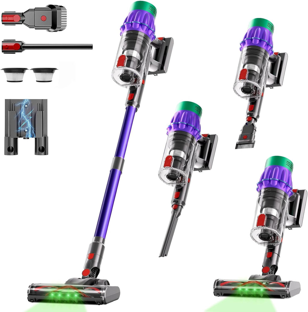 Cordless Vacuum Cleaner, 650W 55KPA 70Min Wireless Vacuum for Home, Stick Vacuum with Green Light Anti-Tangle, Rechargeable Vacuum Cleaners for Pet Hair Carpet Hard Floors （Purple）