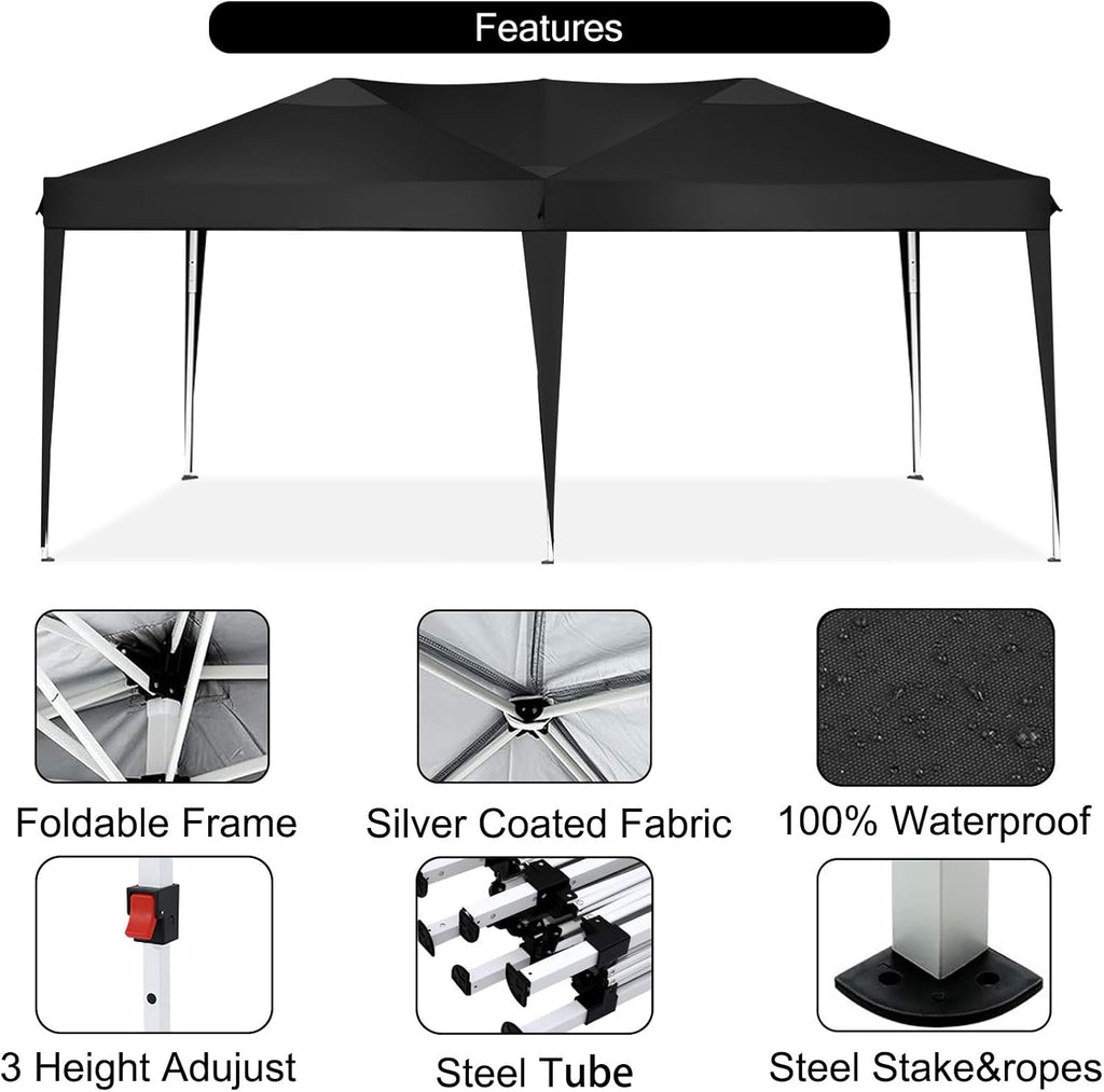COBIZI 10x20 Pop Up Canopy Tent Party Tents for Parties Weddings Backyard Waterproof Outdoor Commercial Instant Canopy Event Tent with Stakes, Ropes,Sandbags, Black
