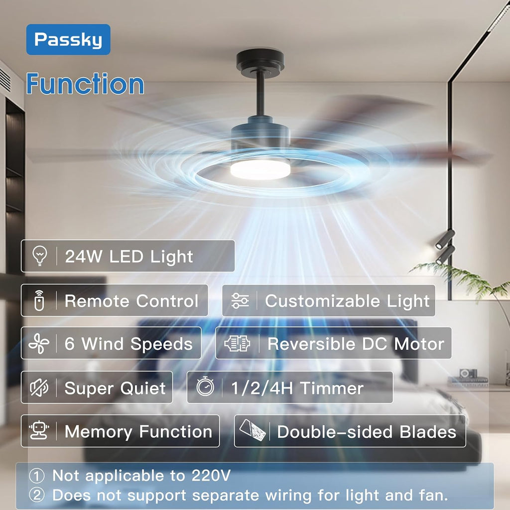 Passky Ceiling Fans with Lights, 60 inch Ceiling Fan with Light and Remote Control, 3CCT, Dimmable, Reversible, Noiseless, Black Contemporary Ceiling Fan for Bedroom, Living Room