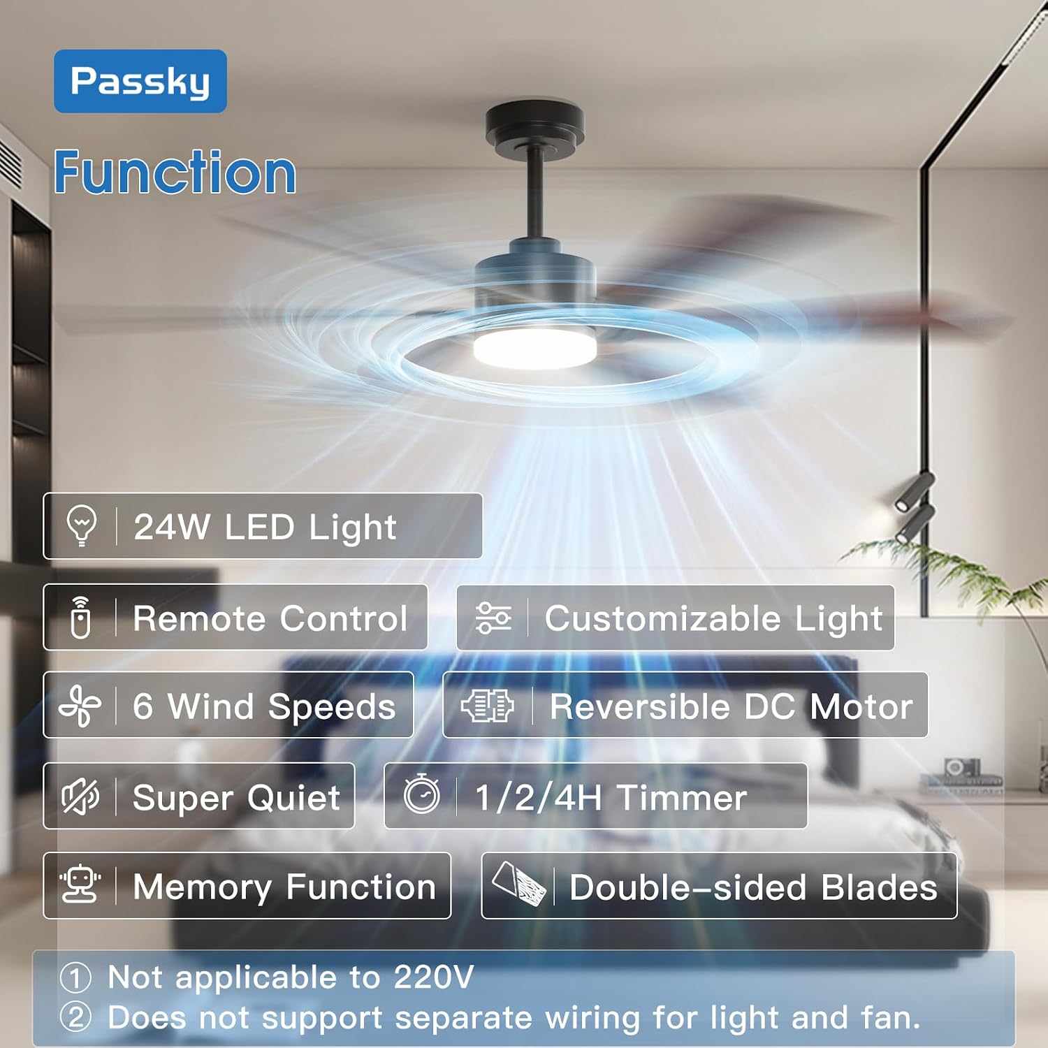 Passky Ceiling Fans with Lights, 60 inch Ceiling Fan with Light and Remote Control, 3CCT, Dimmable, Reversible, Noiseless, Black Contemporary Ceiling Fan for Bedroom, Living Room