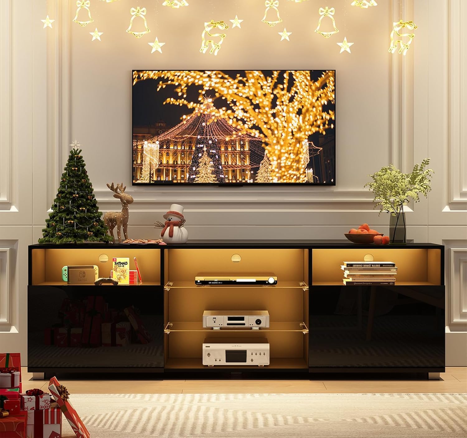 Hlivelood 57' Large LED TV Stand for 65/60/55Inch TV, High Glossy Black TV Stand for Living Room,Modern Gaming TV Entertainment Center with Adjustable Storage Shelf,TV Console(Black)