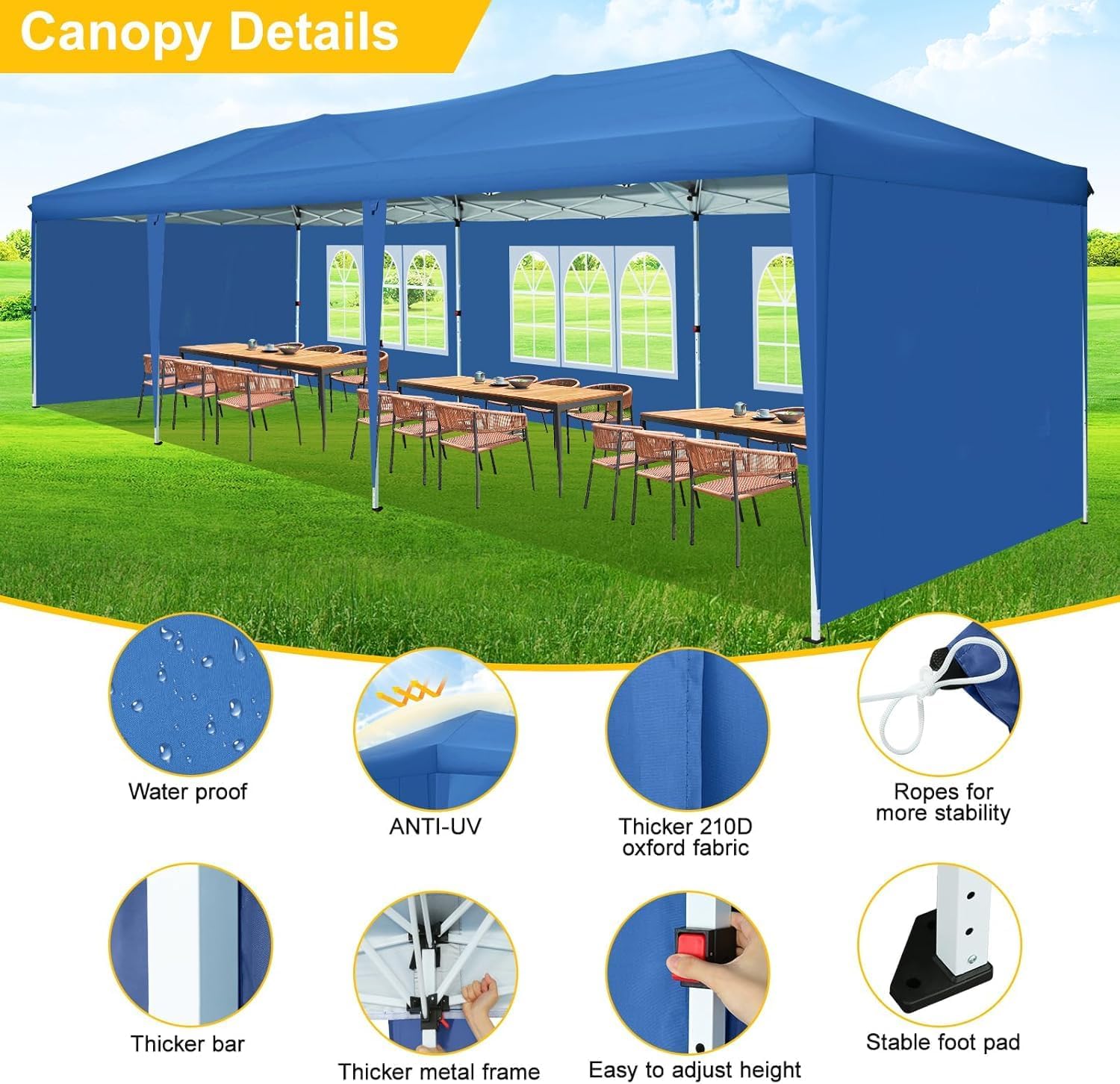 COBIZI 10x30 Pop Up Canopy Tent with 5 Sidewalls Party Tents for Parties Wedding Backyard Waterproof Outdoor Commercial Canopy Event with Sandbags, Blue