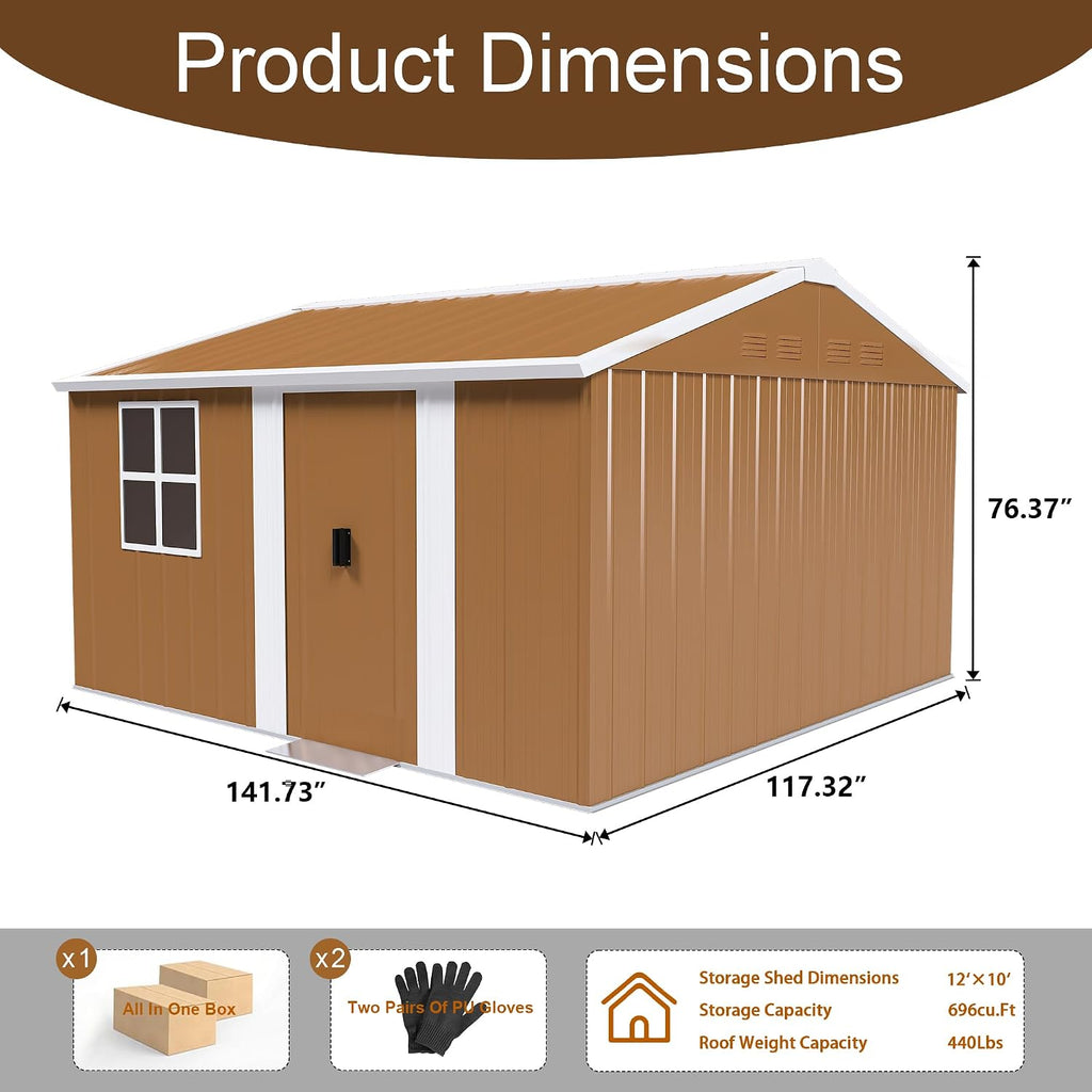Outdoor Storage Shed, Heavy-Duty Metal Steel Shed with Windows, Lockable Door & Ventilation, Weatherproof Garden Shed for Backyard, Lawn, and Tool Storage (10x12 FT)