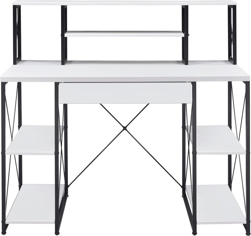 Modern Computer Desk with Hutch and Open Shelves, Foldable Adjustable Portable Gaming Study Desk Table with Wheels for Bedroom Office Student Sturdy Furniture,White-Wood