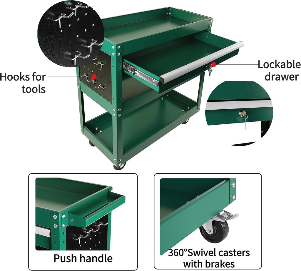 3 Tier Tool Cart Rolling Tool Chest on Wheels 1 Drawer Rolling Tool Box Organizer Removable Portable Tool Cabinet with Locking System for Garage Workshop Warehouse Repair Shop Green