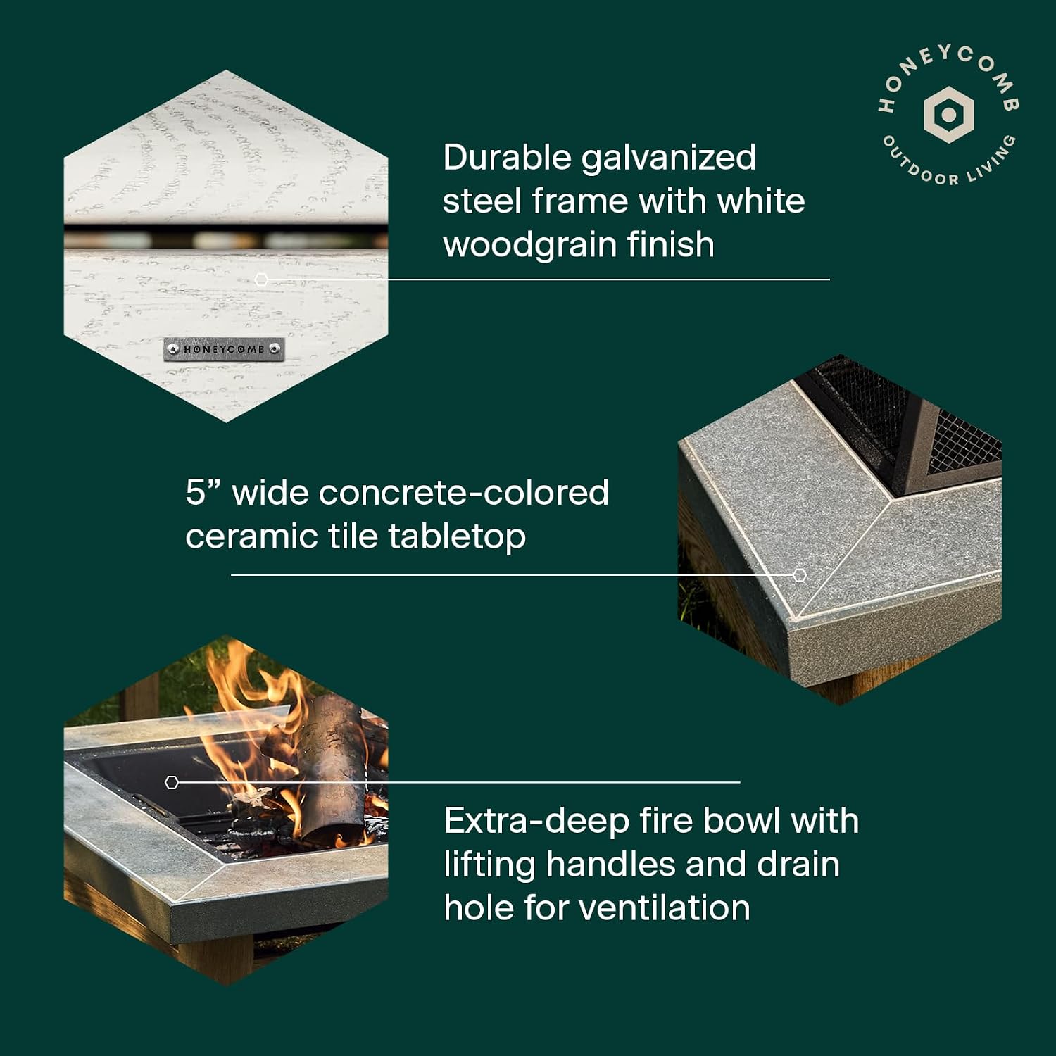 Honeycomb Outdoor Edisto Wood Burning Fire Pit with Cover and Poker, White Frame with Wood Grain Finish, Ceramic Tile Tabletop
