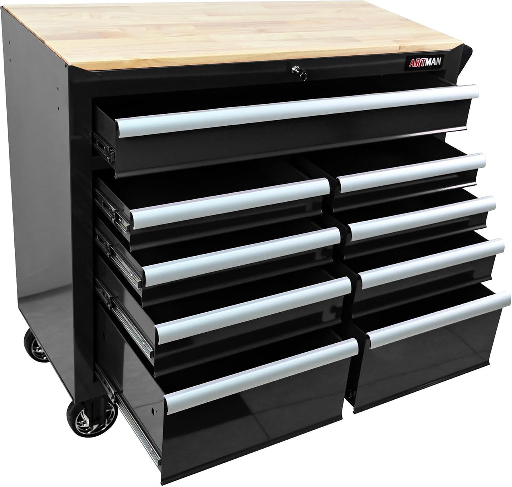 Heavy Duty Rolling Tool Chest with 9-Drawer Wood Top Tool Cart Mechanic Tool Box with Wheels Tool Storage Cabinet Mobile Workbench Tool Bench for Garage, Warehouse, Workshop, Repair Shop (Black)