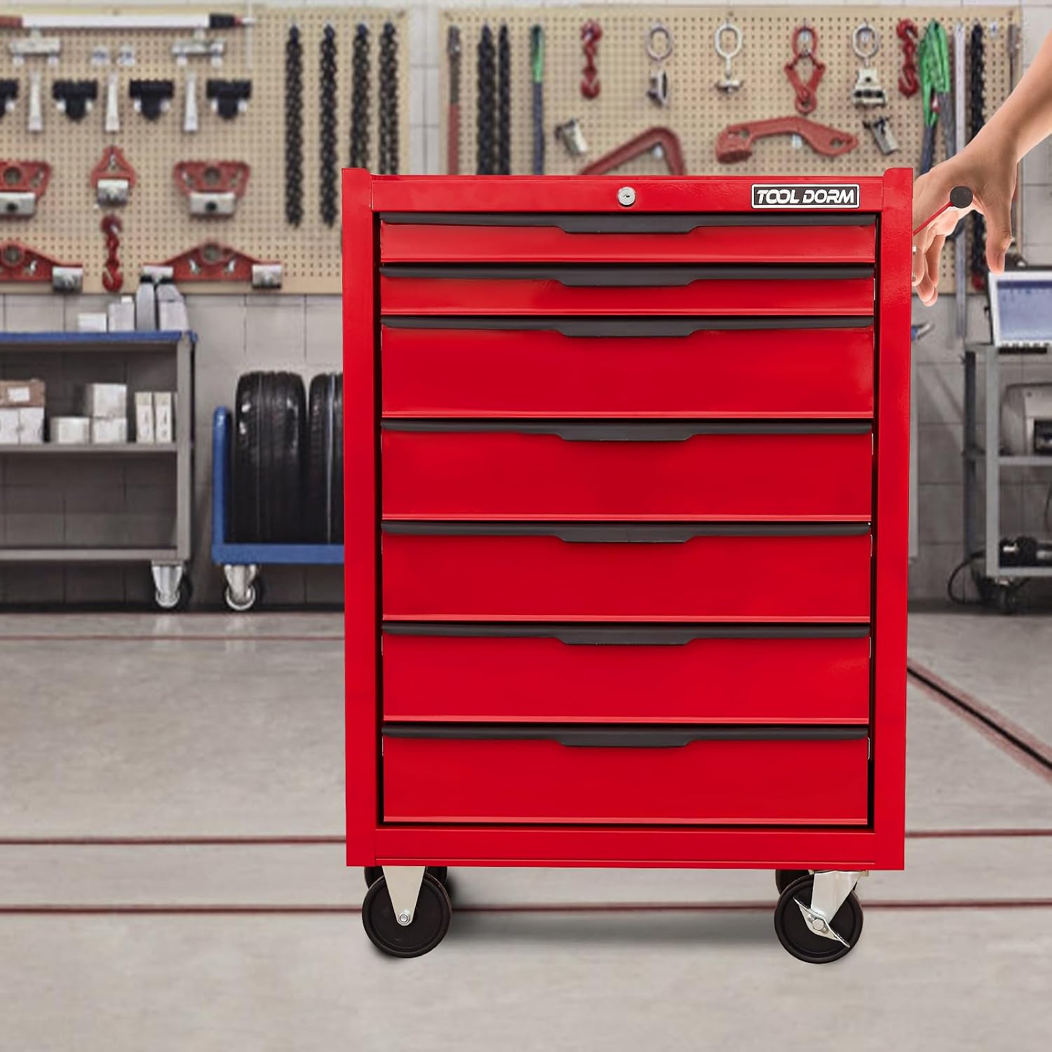7-Drawer Rolling Tool Chest Cabinet, Large Capacity Metal Tool Box with Wheels and Keyed Locking, Roll Around Storage Organizer Tool Cart for Garage, Warehouse, Work Shop - Red