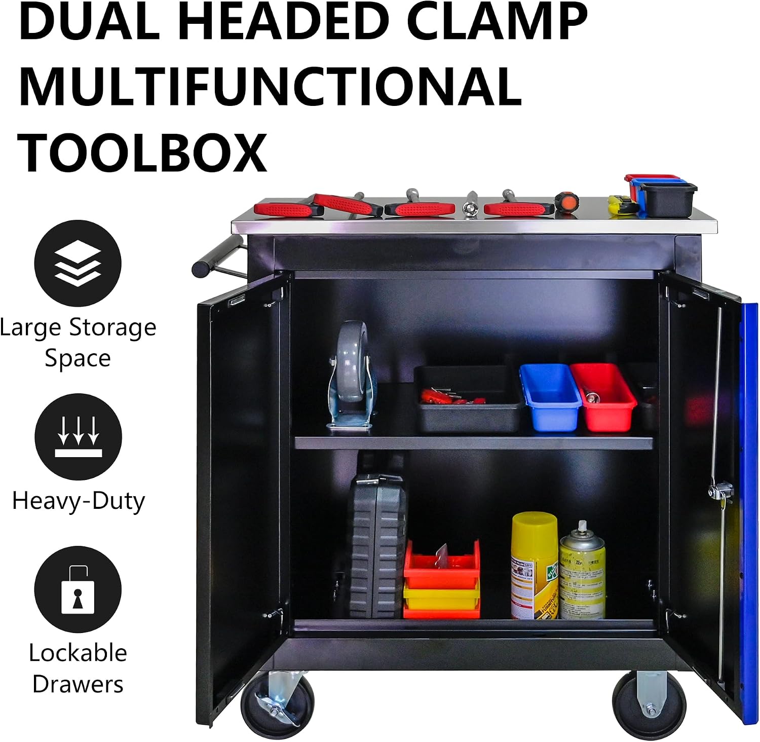 1 Cabinet Tool Cart on Wheels with Stainless Steel Worktop, Heavy Duty Mobile Rolling Drawer Tool Chest with Secure Locking System & Locking Wheels for Garage,Warehouse,Workshop (Black&Blue)