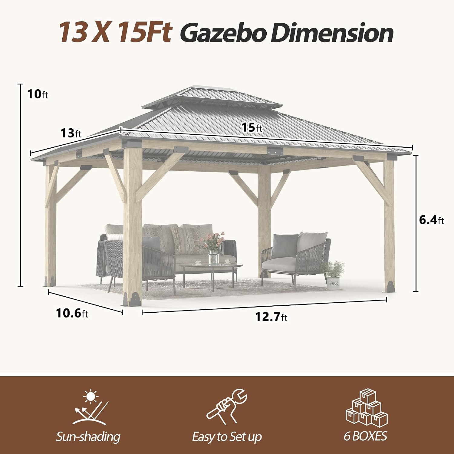 10'x12' Wood Gazebo,Outdoor Cedar Wood Hardtop Gazebo with Galvanized Steel Double Roof, Wooden Frame Gazebos for Patio, Backyard, Deck