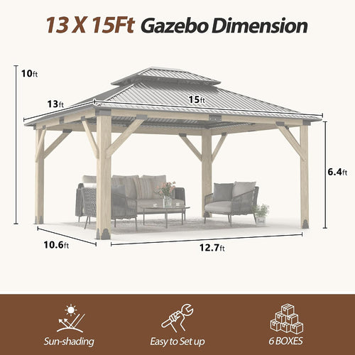 10'x12' Wood Gazebo,Outdoor Cedar Wood Hardtop Gazebo with Galvanized Steel Double Roof, Wooden Frame Gazebos for Patio, Backyard, Deck