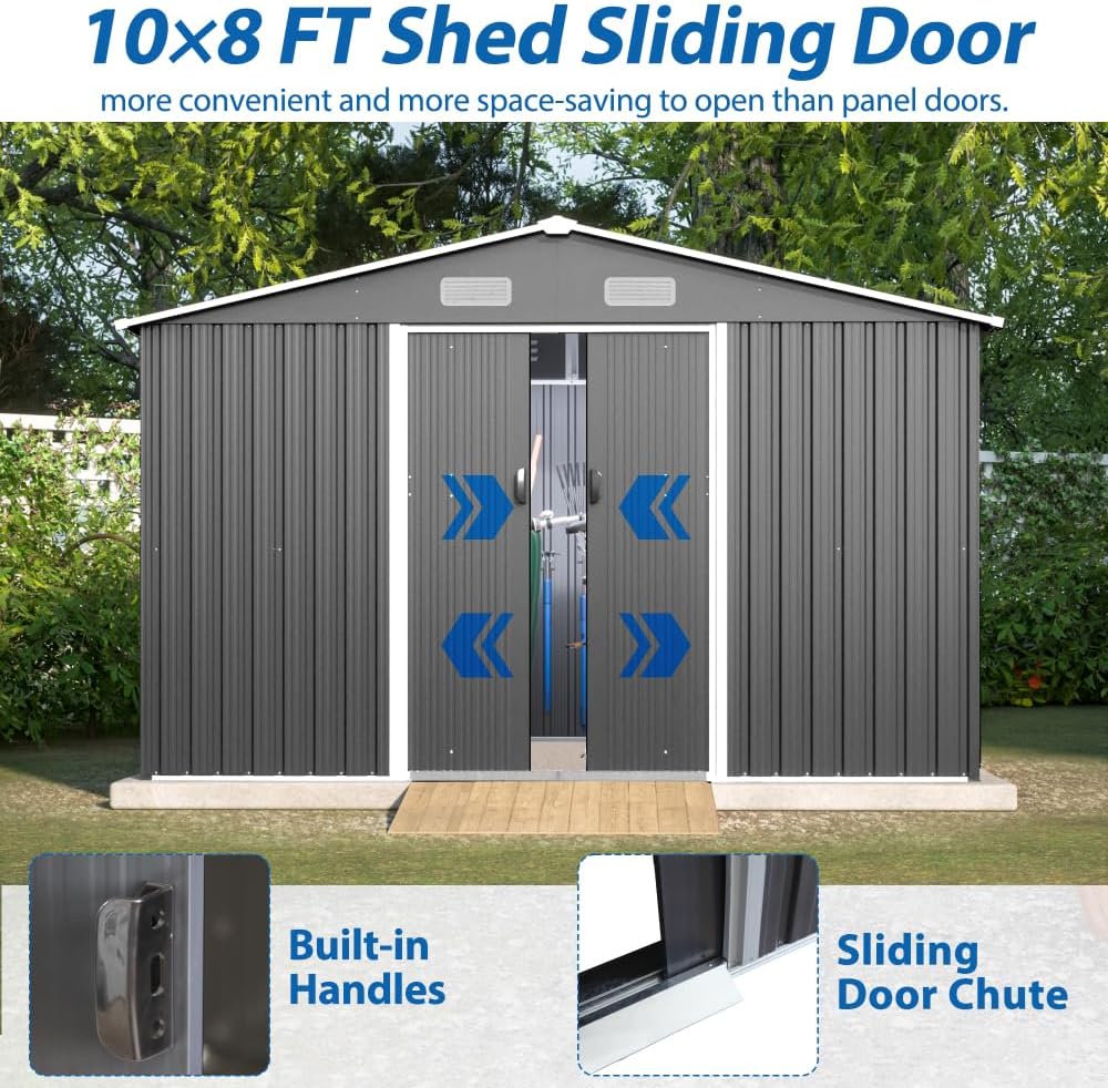 Large Outdoor Storage Shed 10x12 FT, Heavy-Duty Metal Garden Tool Organizer with Lockable Doors and Weather-Resistant Roof for Backyard (10x8 ft Grey-1)