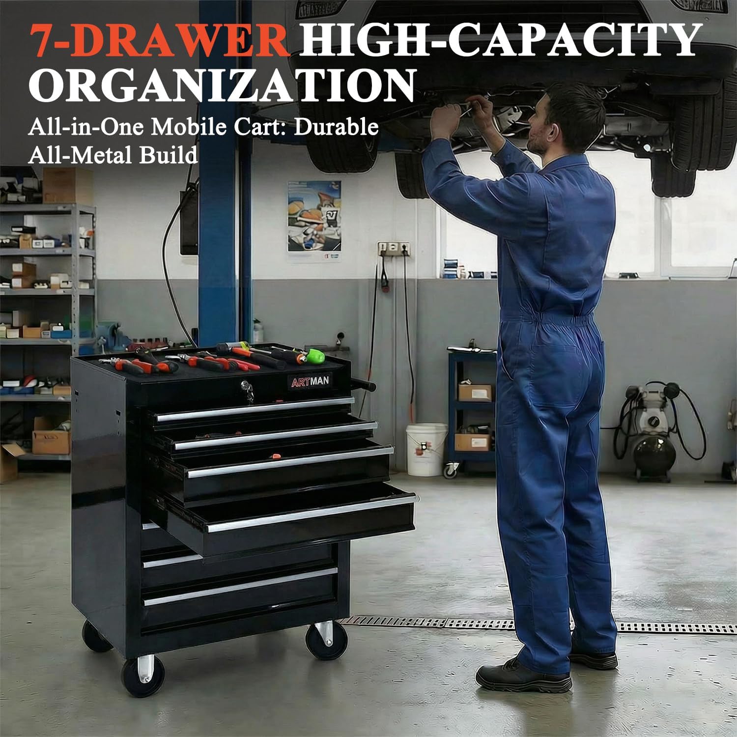 7 Drawers Tool Cart on Wheels,Multifunctional Rolling Tool Chest Tool Storage,Drawers Rolling Tool Trolley Organizer Tool Case for Garage,Warehouse,Workshop,Repair Shop (7 Drawers-Black)